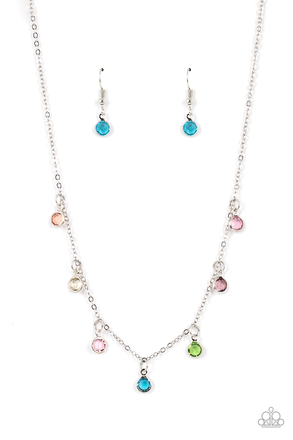 Encased in sleek silver fittings, a dainty collection of glassy multicolored gems twinkles along a dainty silver chain below the collar, creating a colorful fringe. Features an adjustable clasp closure.