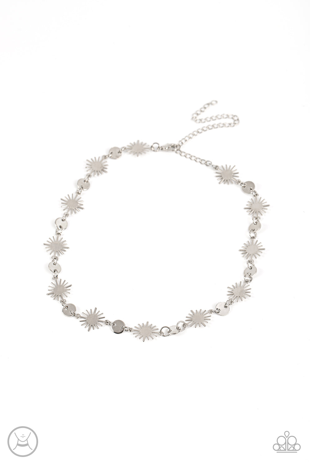 Dainty silver discs delicately alternate with starry silver sunbursts, linking into a celestial centerpiece around the neck. Features an adjustable clasp closure. Sold as one individual choker necklace. Includes one pair of matching earrings.