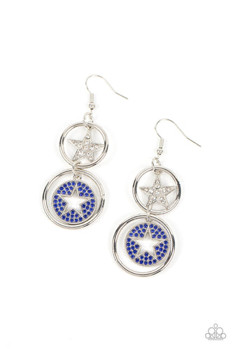 Two silver hoops link into a stacked lure. A white rhinestone encrusted silver star twinkles from the uppermost hoop, while a blue rhinestone dotted silver frame featuring an airy star cutout sparkles from the bottom for a stellar finish. Earring attaches to a standard fishhook fitting. 