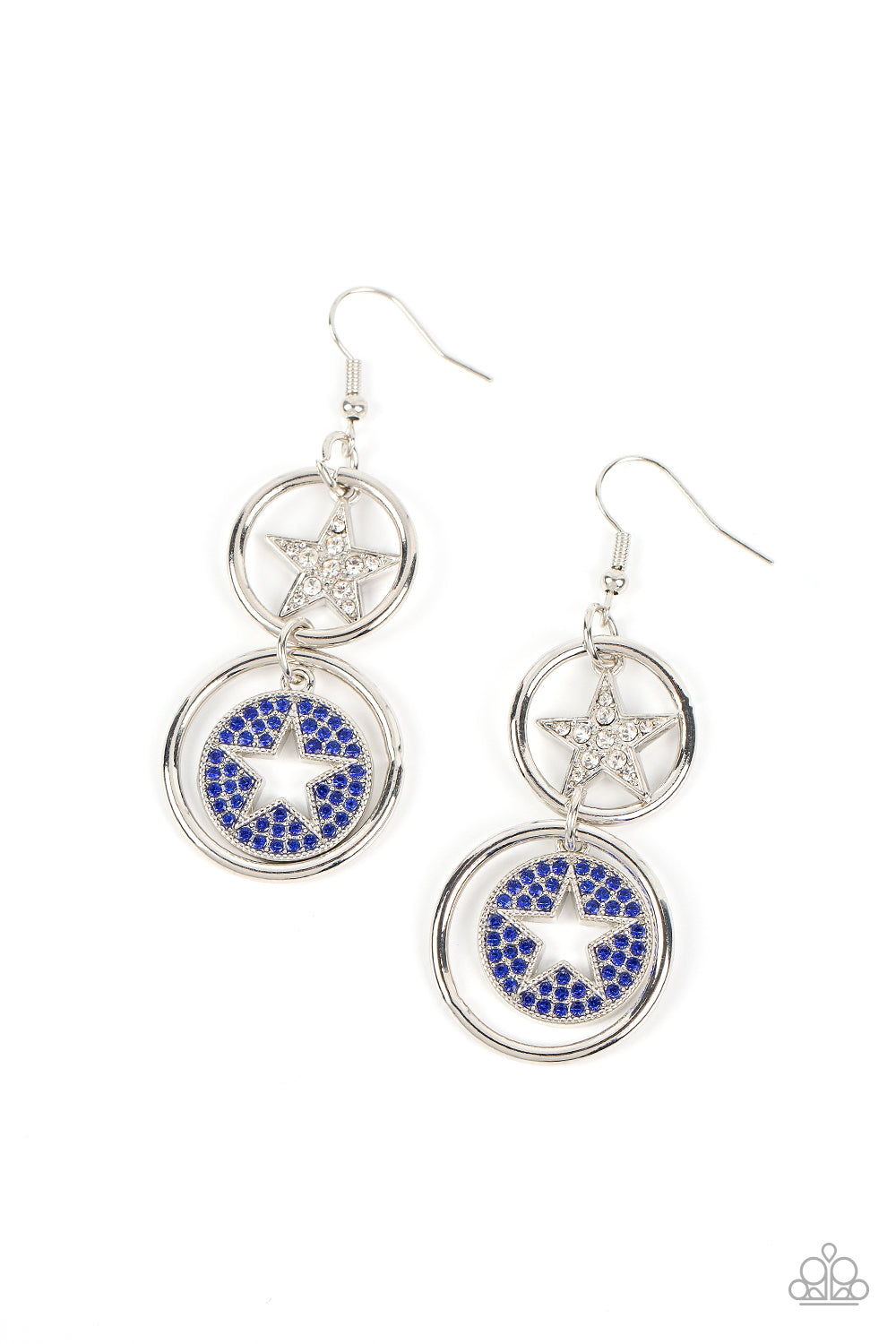 Two silver hoops link into a stacked lure. A white rhinestone encrusted silver star twinkles from the uppermost hoop, while a blue rhinestone dotted silver frame featuring an airy star cutout sparkles from the bottom for a stellar finish. Earring attaches to a standard fishhook fitting. 