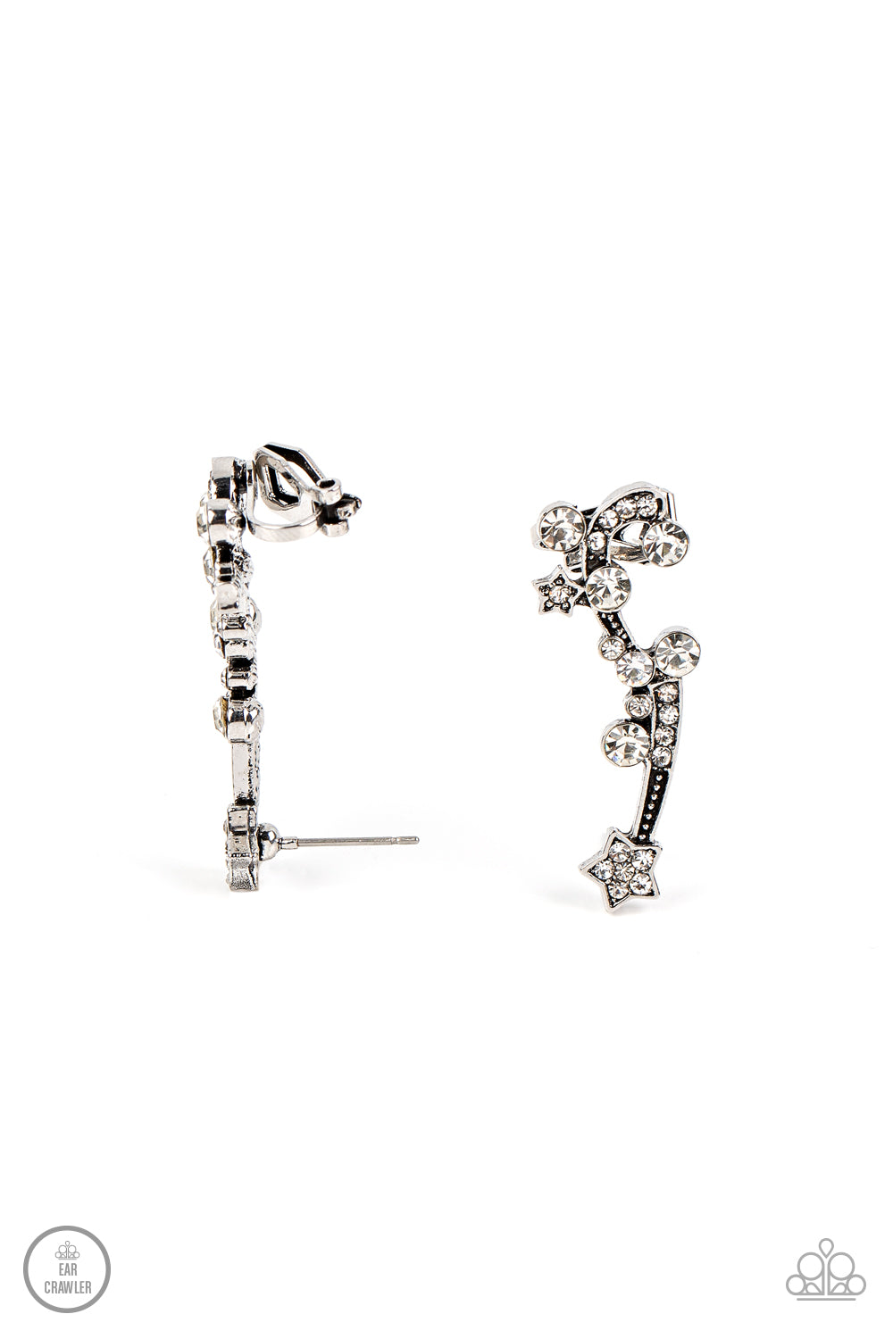 Dotted with dainty silver studs, glittery white rhinestones, a white rhinestone dotted star, and a glittery ribbon streams out from a white rhinestone dotted silver star like a shooting star as it climbs the ear. Earring attaches to a standard post fitting. Features a clip-on fitting at the top for a secure fit. </P>  <br>Featured inside The Preview at GLOW! 