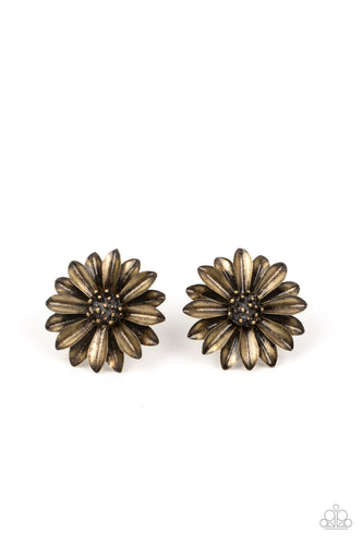 Layers of burnished brass petals flare out from a brass studded center, blooming into a rustic floral fantasy. Earring attaches to a standard post fitting. 