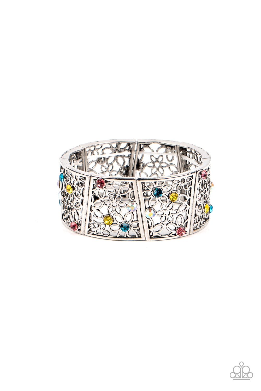 Sporadically dotted with multicolored and iridescent rhinestones, an airy daisy pattern blooms inside trapezoidal silver frames that are threaded along stretchy bands around the wrist for a seasonal statement. Due to its prismatic palette, color may vary.