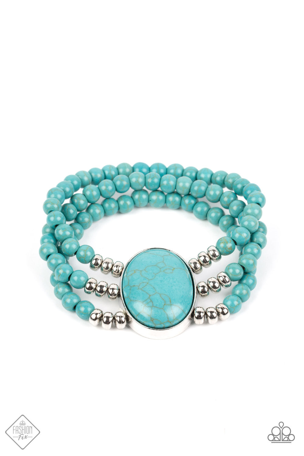 Layers of turquoise beads are threaded along stretchy bands that connect to a stunning oval turquoise stone, creating an extraordinary statement piece around the wrist.  Sold as one individual bracelet.  New Kit Fashion Fix