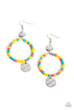 Load image into Gallery viewer, Featuring the summery hues of Empire Yellow, Beetroot Purple, and Harbor Blue, dainty seed beads are threaded along a wire hoop that swings between two hammered silver discs for a tropical inspired fashion. Earring attaches to a standard fishhook fitting.
