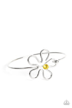 Load image into Gallery viewer, Dotted with a Daffodil rhinestone center, shiny silver bars curve into a floral frame atop a dainty silver bangle around the wrist. Features a pronged closure.
