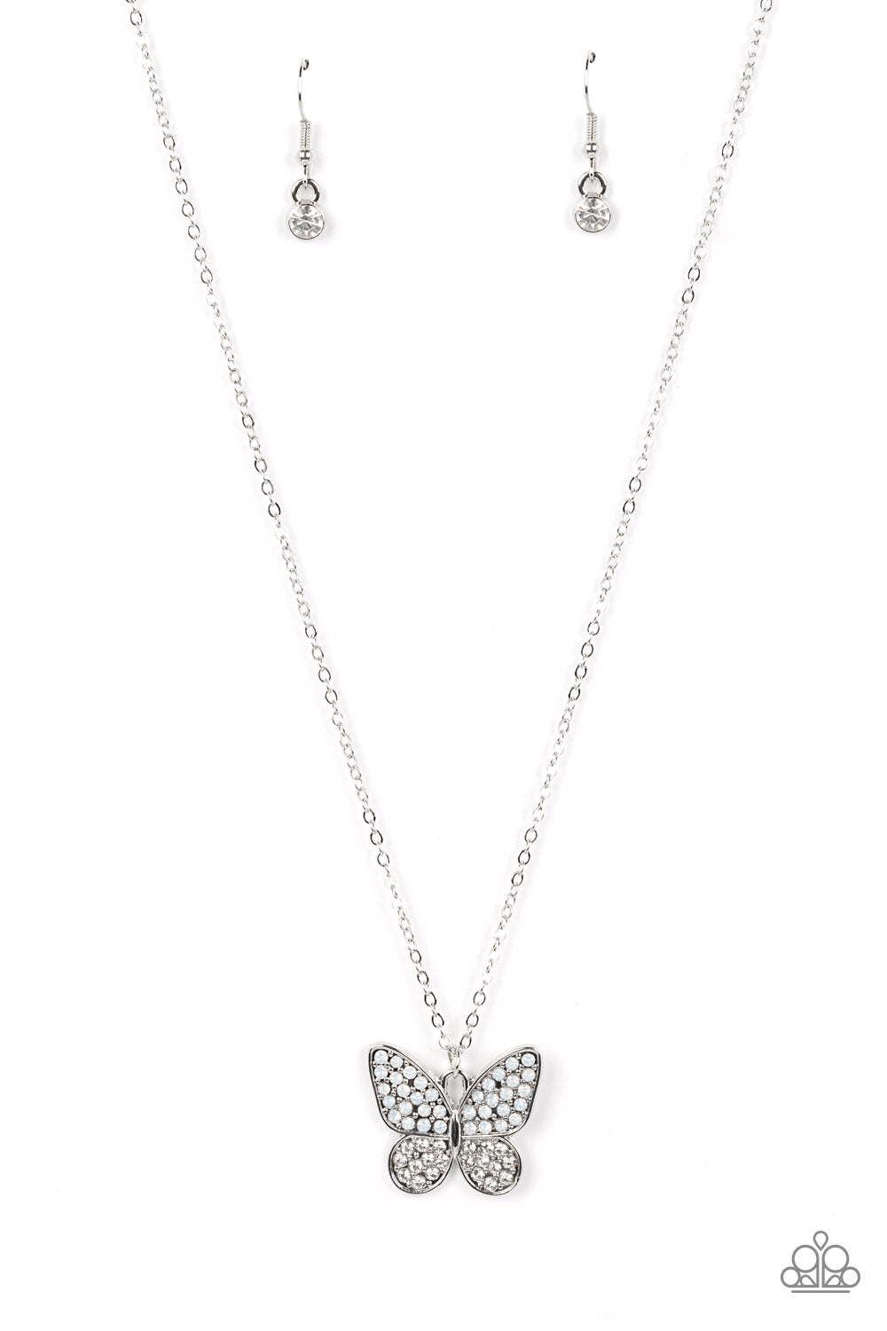 Dotted in opalescent and glassy white rhinestones, a whimsical silver butterfly flutters along a dainty silver chain below the collar for an enchanting fashion. Features an adjustable clasp closure.