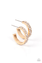 Load image into Gallery viewer, Sparkling white rhinestones line the front of a petite gold hoop, creating edge-to-edge shimmer.  Earring attaches to a standard post fitting. Hoop measures approximately 3/4&quot; in diameter. 
