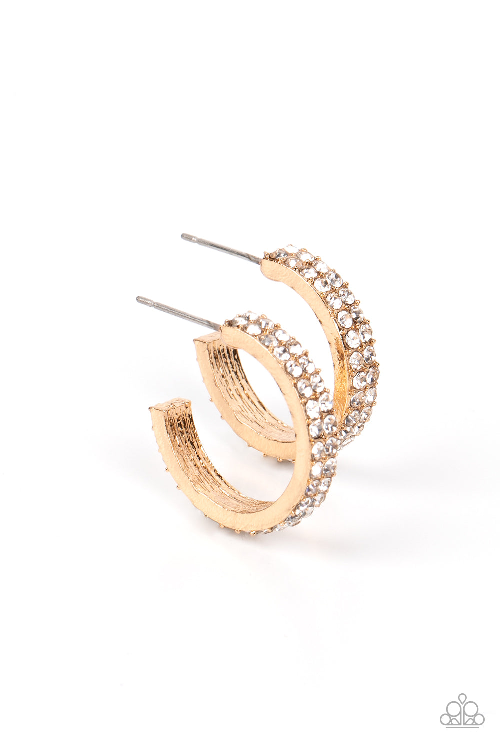 Sparkling white rhinestones line the front of a petite gold hoop, creating edge-to-edge shimmer.  Earring attaches to a standard post fitting. Hoop measures approximately 3/4