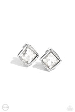 Load image into Gallery viewer, Shiny silver bars gently overlap with white rhinestone encrusted silver bars around a square cut white rhinestone, resulting in a refined radiance. Earring attaches to a standard clip-on fitting.
