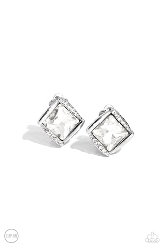 Shiny silver bars gently overlap with white rhinestone encrusted silver bars around a square cut white rhinestone, resulting in a refined radiance. Earring attaches to a standard clip-on fitting.