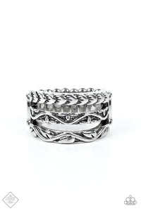 Three silver bands, embellished with floral motifs, stack into an airy display atop the finger. Features a stretchy band for a flexible fit.  Sold as one individual ring.  New Kit Fashion Fix