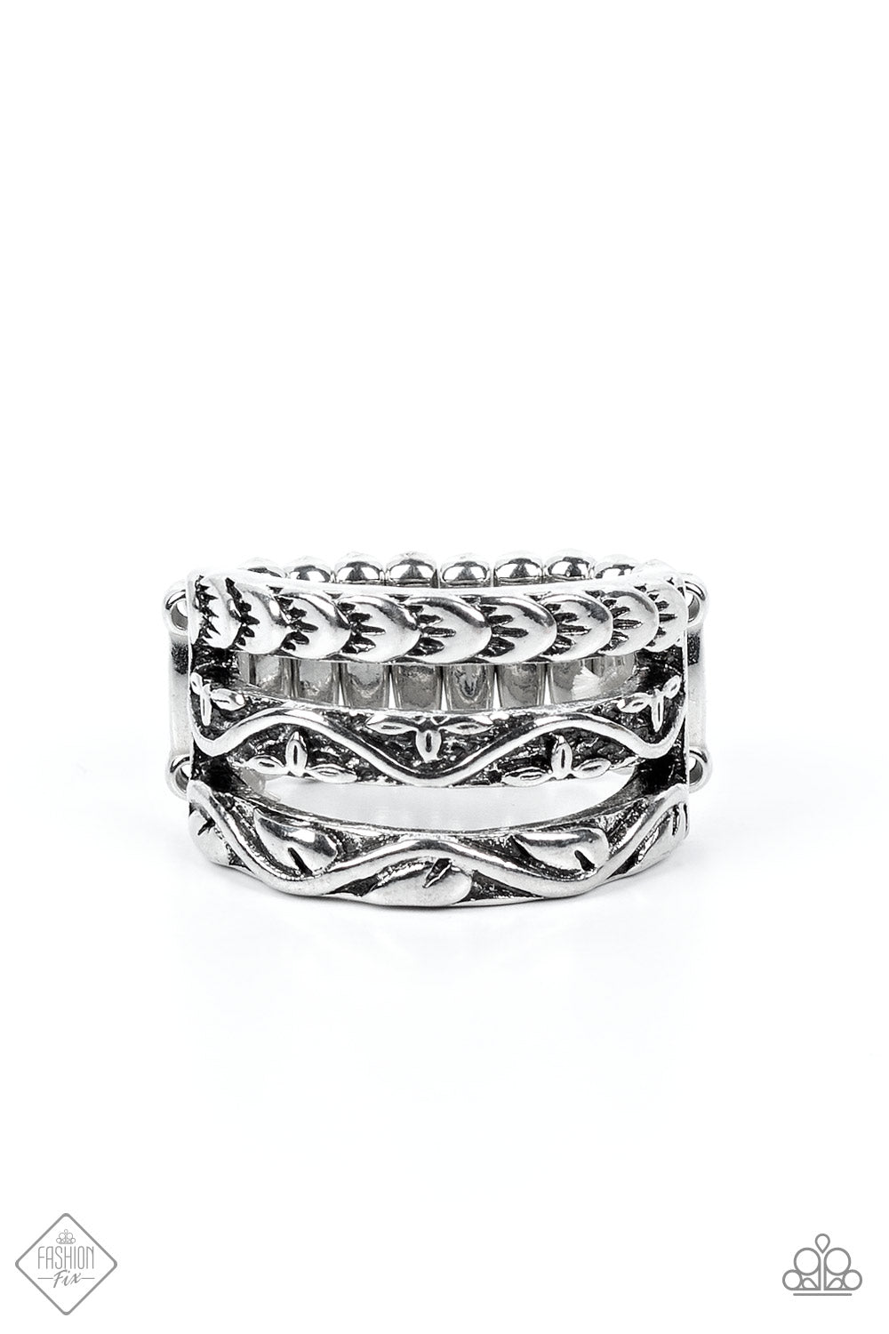 Three silver bands, embellished with floral motifs, stack into an airy display atop the finger. Features a stretchy band for a flexible fit.  Sold as one individual ring.  New Kit Fashion Fix