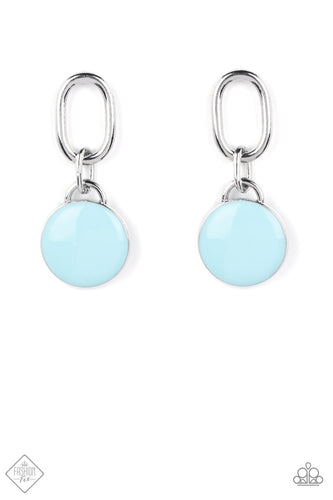 A disc painted in pastel blue enamel is set in a simple silver frame, where it sways from the bottom of an oblong silver link to create a charming modern lure. Earring attaches to a standard post fitting.  Sold as one pair of post earrings.  New Kit Fashion Fix