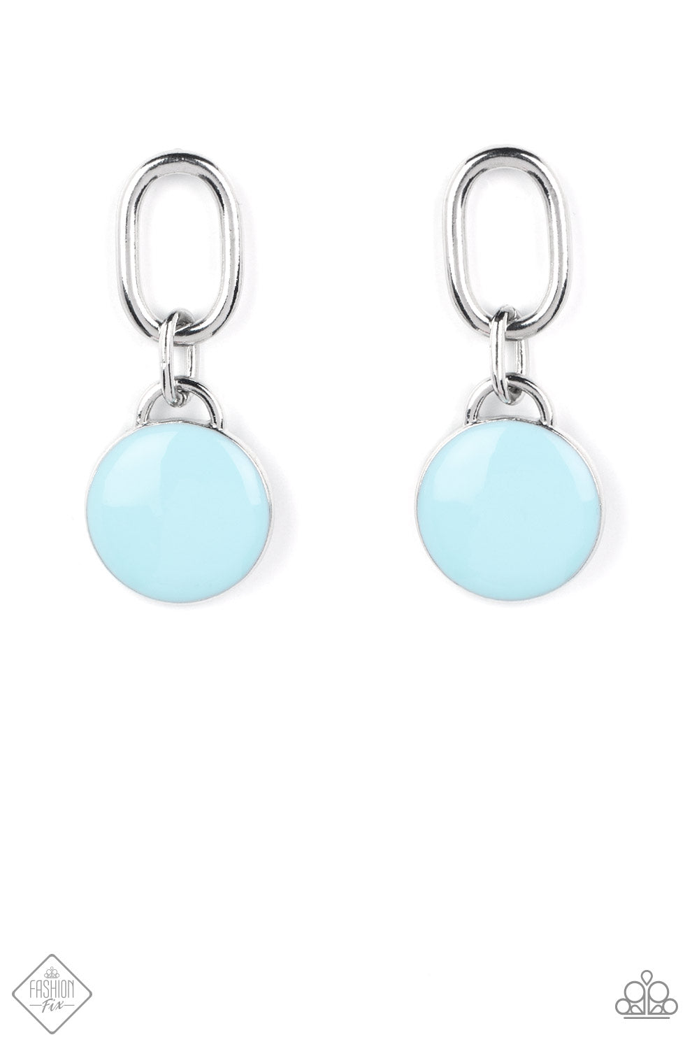 A disc painted in pastel blue enamel is set in a simple silver frame, where it sways from the bottom of an oblong silver link to create a charming modern lure. Earring attaches to a standard post fitting.  Sold as one pair of post earrings.  New Kit Fashion Fix