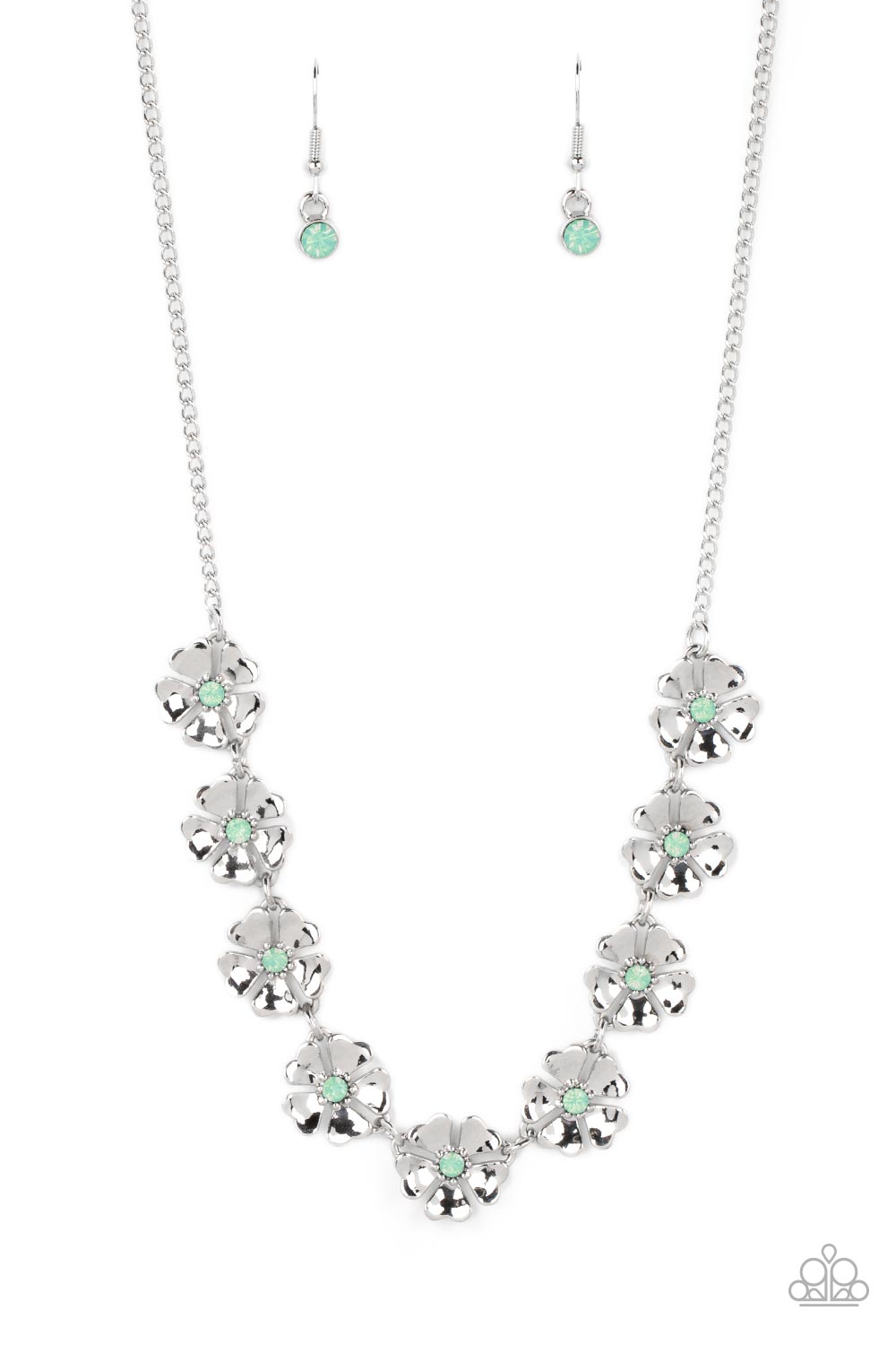 Heart-shaped silver petals bloom from opaque Basil rhinestone centers, creating colorful flowers. The dainty floral frames delicately dance below the collar, connecting into a whimsical centerpiece. Features an adjustable clasp closure. 