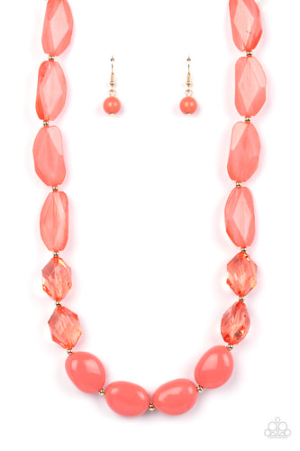 Separated by dainty gold beads, mismatched sections of icy, crystal-like, and coral acrylic beads are threaded along an invisible wire across the chest for a colorful flair. Features an adjustable clasp closure.