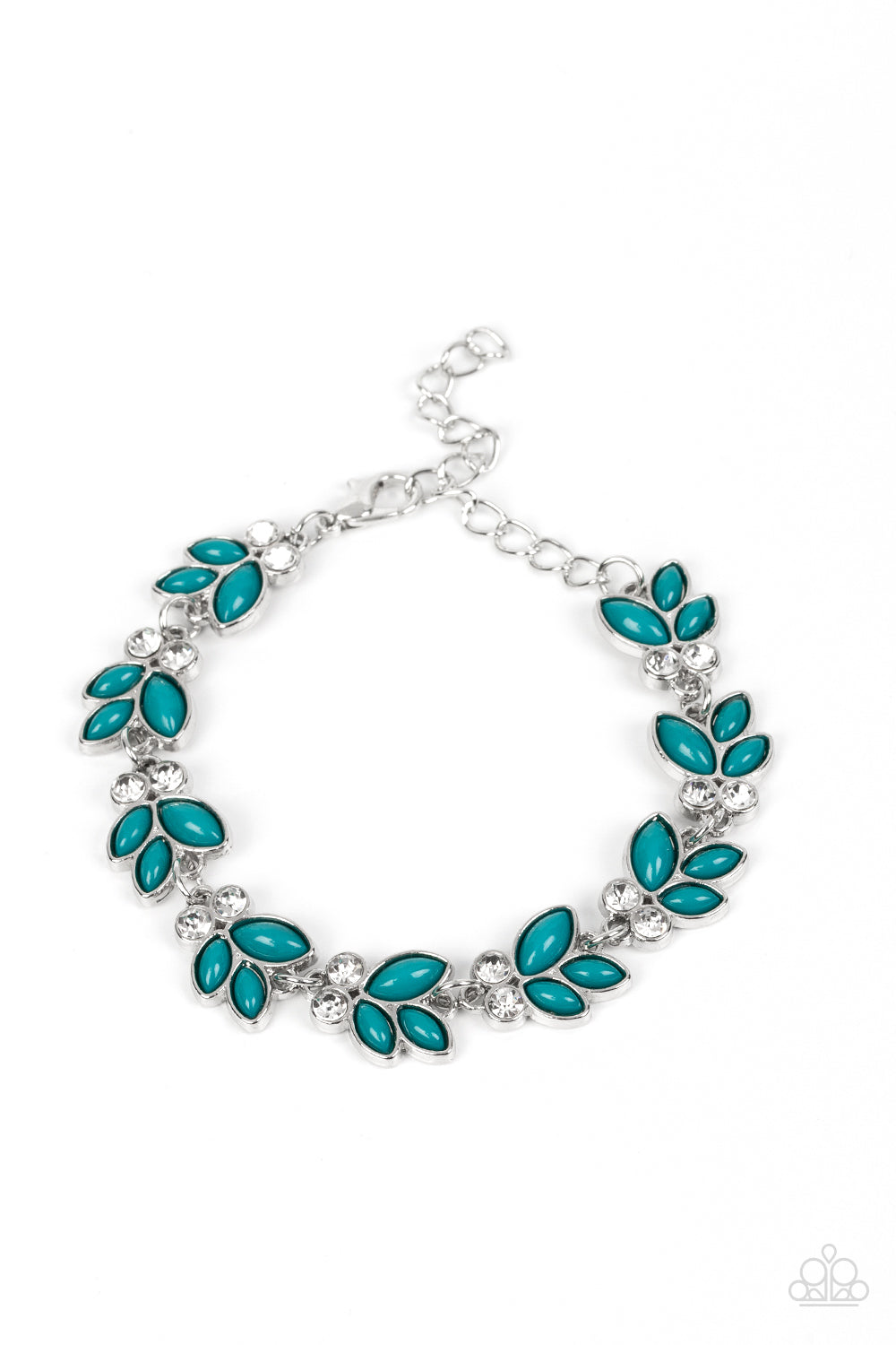 Trios of Harbor Blue beads fan out from pairs of white rhinestones as they delicately link around the wrist, resulting in colorful leafy accents. Features an adjustable clasp closure.