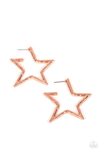 A hammered shiny copper bar delicately folds into a star-shaped hoop, resulting in a stellar metallic shimmer. Earring attaches to a standard post fitting. 