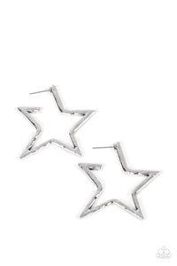 A hammered silver bar delicately folds into a star-shaped hoop, resulting in a stellar metallic shimmer. Earring attaches to a standard post fitting.