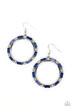 Load image into Gallery viewer, A glittery collection of round white and emerald cut blue rhinestones smolders along the outside rim of a shiny silver hoop, resulting in an edgy centerpiece. Earring attaches to a standard fishhook fitting.
