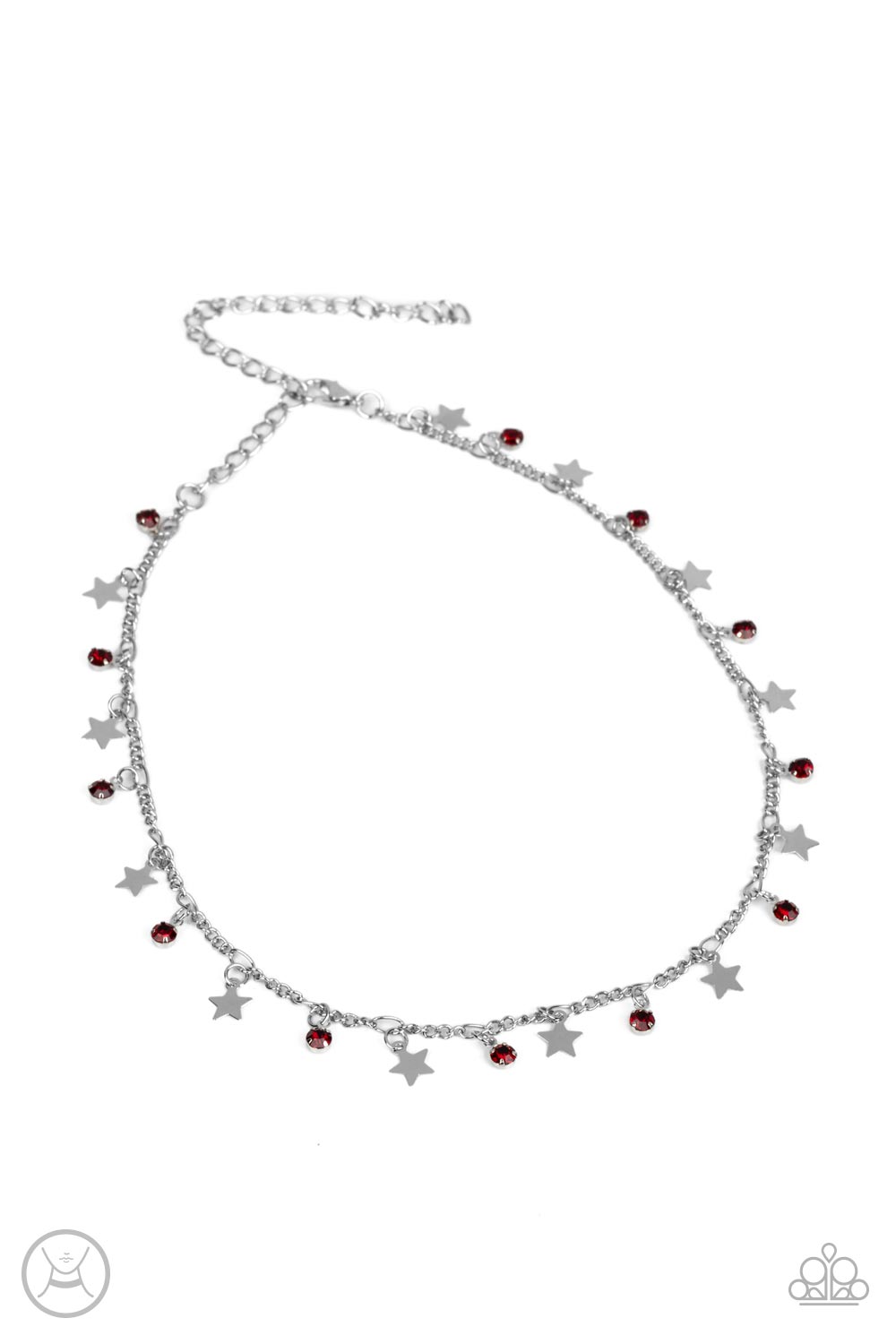  Dainty red rhinestones and flat silver stars twinkle along a classic silver chain around the neck, resulting in a stellar fringe. Features an adjustable clasp closure.