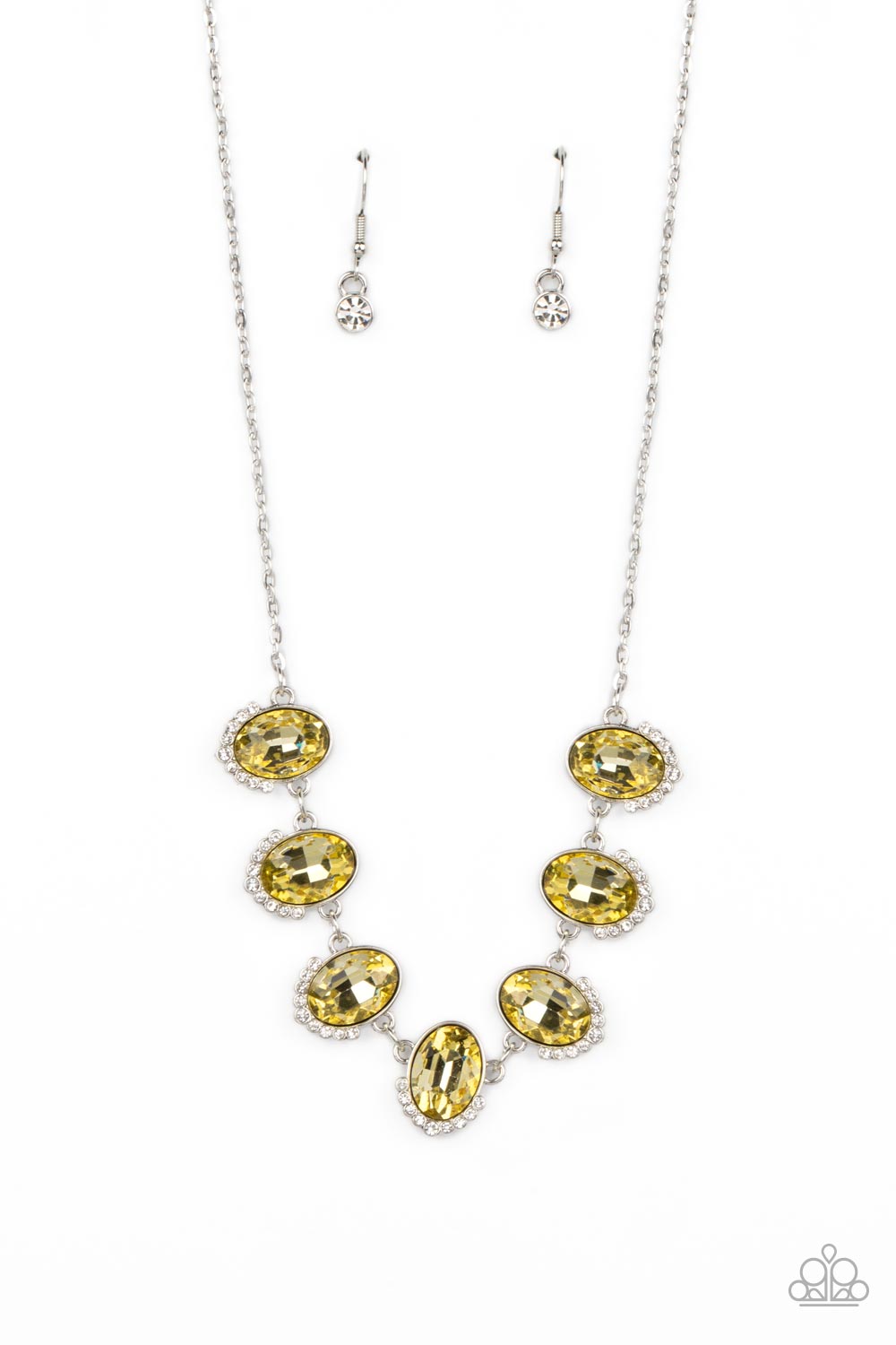 Dainty rows of glittery white rhinestones gently curve around the bottoms of oversized Daffodil oval gems. The sparkly frames delicately connect below the collar, creating a colorful centerpiece. Features an adjustable clasp closure.