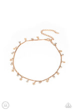 Load image into Gallery viewer, Dainty white rhinestones and flat gold stars twinkle along a classic gold chain around the neck, resulting in a stellar fringe. Features an adjustable clasp closure.
