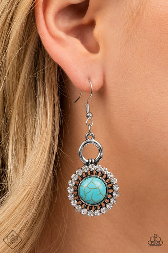 Attached to rustic silver prongs, a dainty circle of glassy white rhinestones fans out from a turquoise stone center, creating artisan inspired sparkle. Earring attaches to a standard fishhook fitting.  Sold as one pair of earrings.  New Kit Fashion Fix