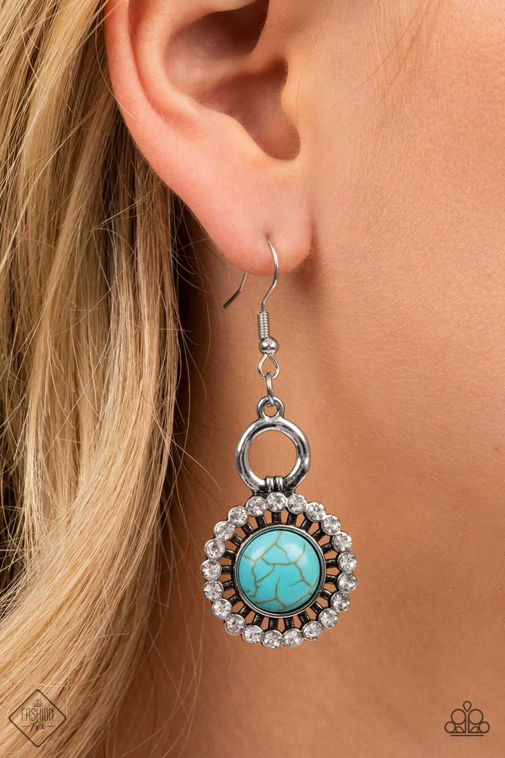 Attached to rustic silver prongs, a dainty circle of glassy white rhinestones fans out from a turquoise stone center, creating artisan inspired sparkle. Earring attaches to a standard fishhook fitting.  Sold as one pair of earrings.  New Kit Fashion Fix