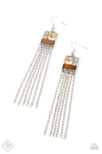 Load image into Gallery viewer, A peachy square-cut rhinestone is paired with two smaller gems in a milky iridescent finish and set above a rectangular bar of natural wood to create an art deco-inspired frame. A stream of vintage silver chains falls from the modern display, bringing playful energy to the artful design. Earring attaches to a standard fishhook fitting.  Sold as one pair of earrings.  New Kit Fashion Fix
