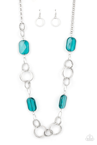 Featuring a faceted shimmer, oversized Harbor Blue beads give way to sections of delicately hammered silver hoops across the chest for a colorful flair. Features an adjustable clasp closure. 