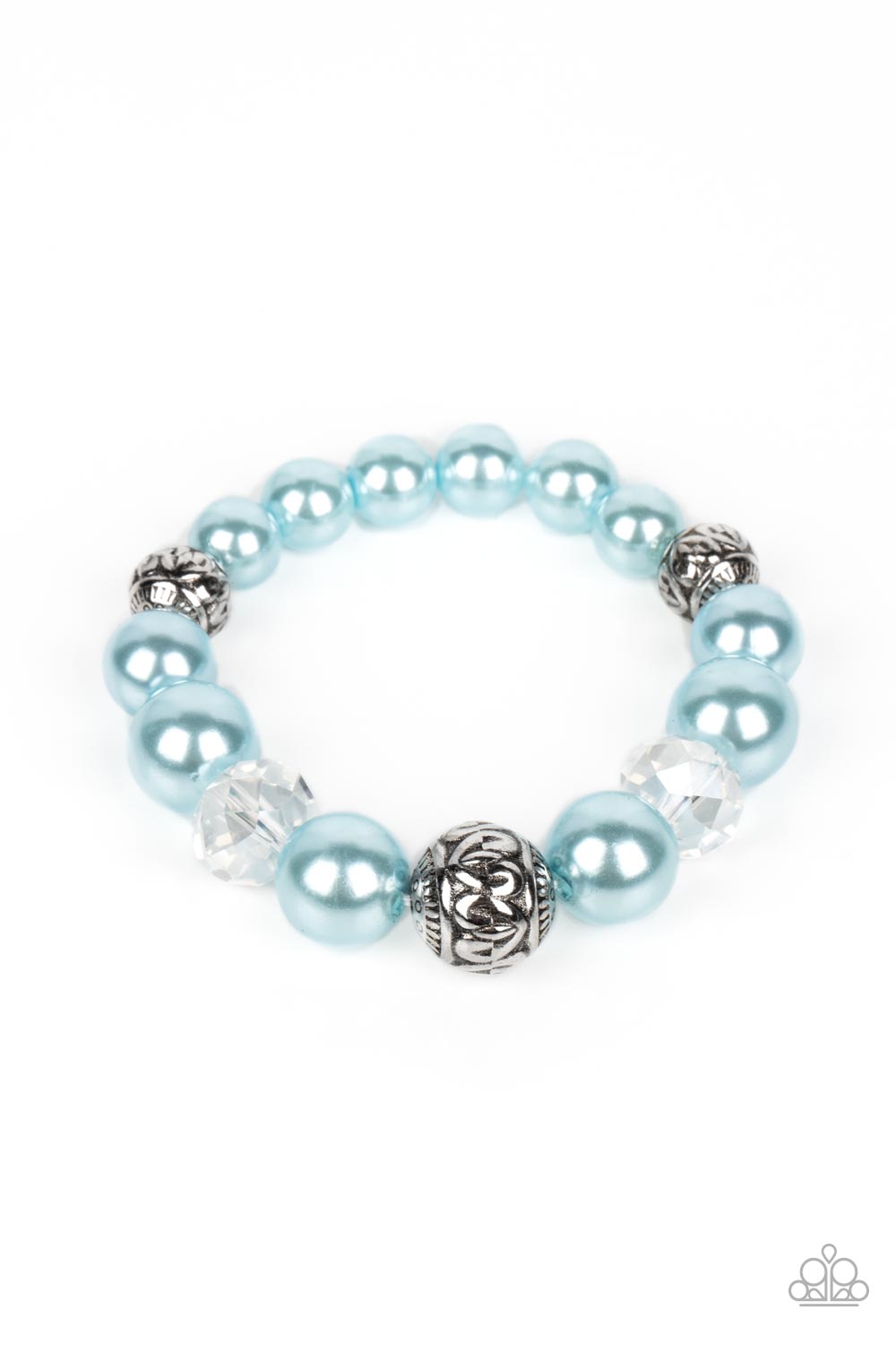 Bubbly Spun Sugar pearls, textured silver accents, and clear faceted beads nobly drape around the wrist on an elastic stretchy band for a refined pop of color. 