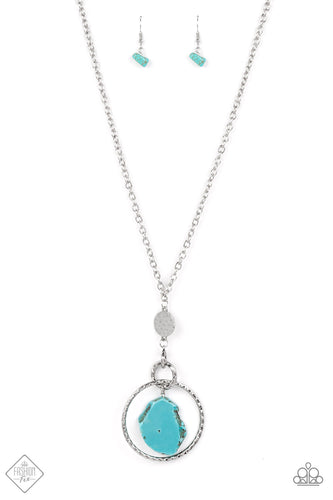 A chiseled piece of turquoise stone swings from a collision of interconnected silver hoops rich in handcrafted texture. A hammered silver disc anchors the swinging pendant at the bottom of a bulky silver chain, completing the artisanal statement piece. Features an adjustable clasp closure.  Sold as one individual necklace. Includes one pair of matching earrings.