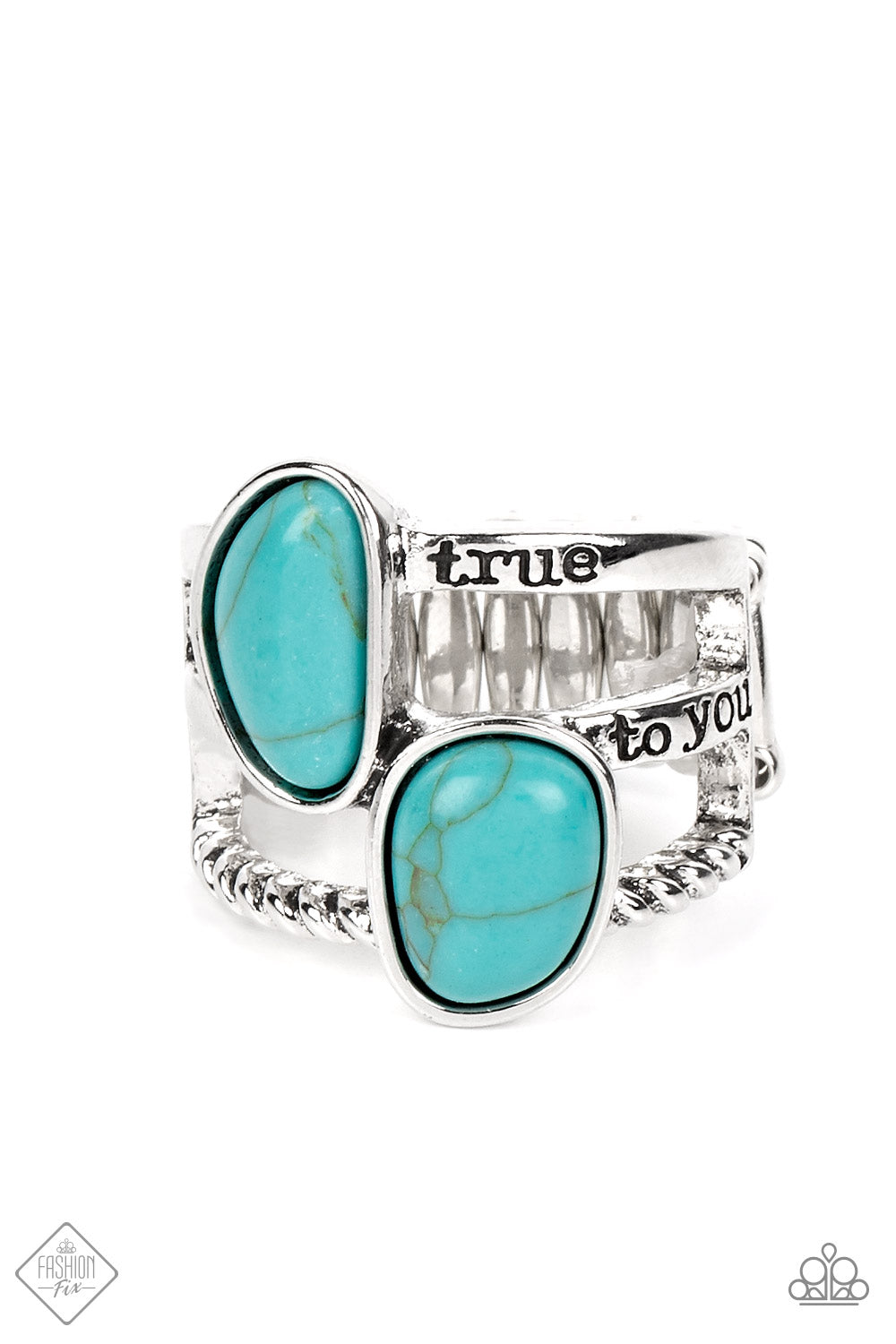 Keep The Piece - Blue. A chiseled piece of turquoise stone swings from a collision of interconnected silver hoops rich in handcrafted texture. A hammered silver disc anchors the swinging pendant at the bottom of a bulky silver chain, completing the artisanal statement piece. Features an adjustable clasp closure. Sold as one individual necklace. Includes one pair of matching earrings. 