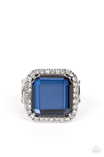 A lavish square Skydiver gem, encased in a border of dainty white rhinestones, makes a head-turning centerpiece as it gleams with an industrial edge atop the finger. Features a stretchy band for a flexible fit.