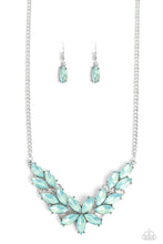 Load image into Gallery viewer, An opaque collection of marquise cut green gems delicately fans out below the collar, resulting in an ethereal floral centerpiece. Features an adjustable clasp closure. 

