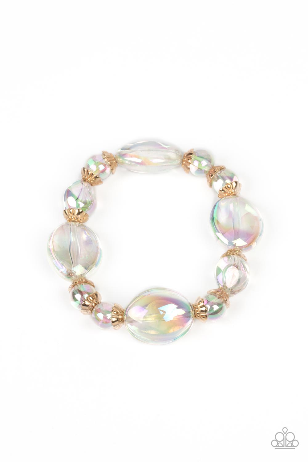 Bubbly iridescent beads in varying sizes are threaded along a stretchy band, creating a glittery magical effect around the wrist. Gold cap fittings encase the smaller beads, adding vintage metallic detail to the effervescent design. Due to its prismatic palette, color may vary.