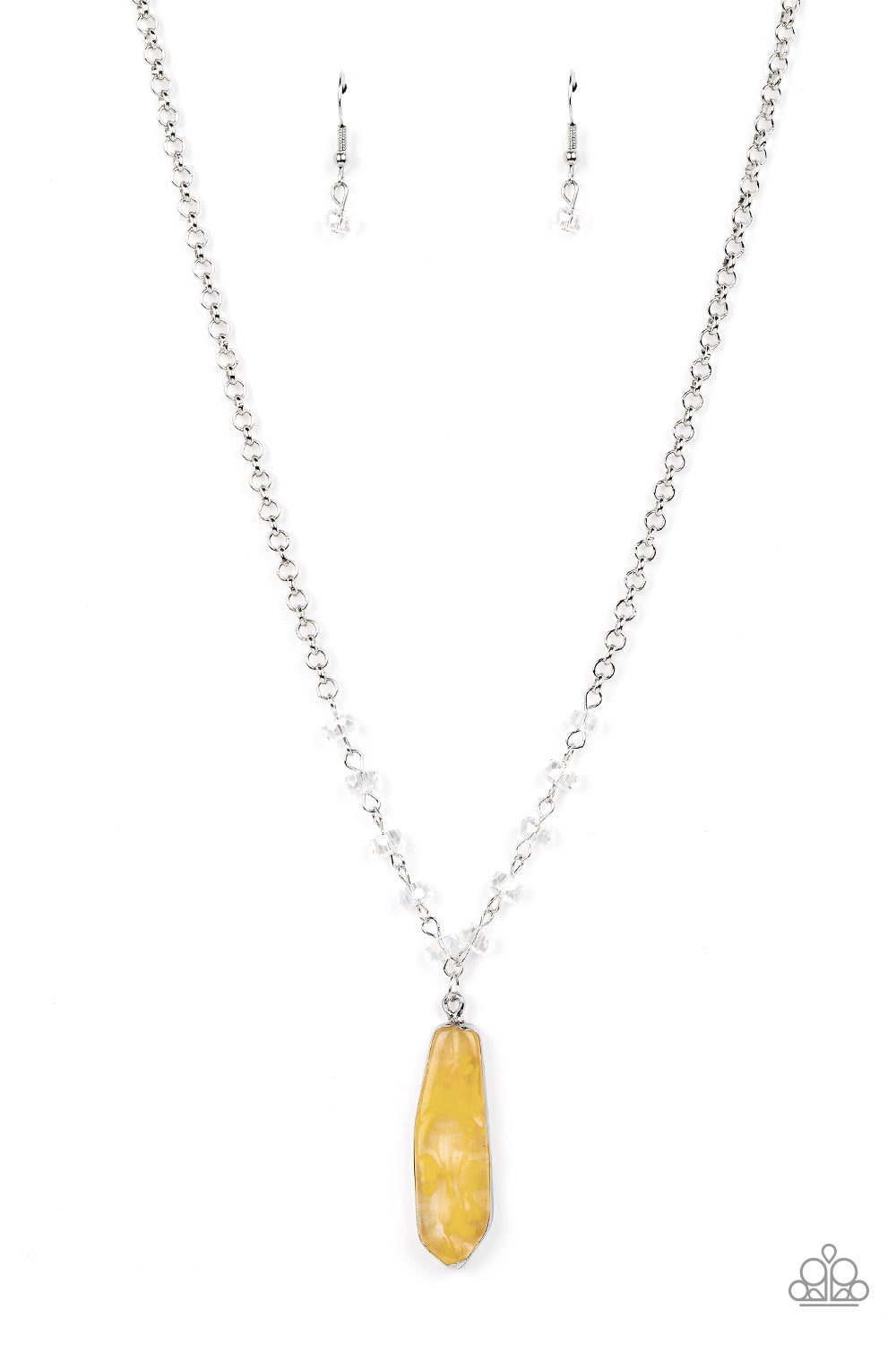 Featuring a faux stone finish, yellow smoke is encapsulated in an acrylic frame below the collar. Glittery crystal-like beads sparkle along the silver chain, drawing attention to the mystical pendant. Features an adjustable clasp closure. Due to is prismatic palette, color may vary. 