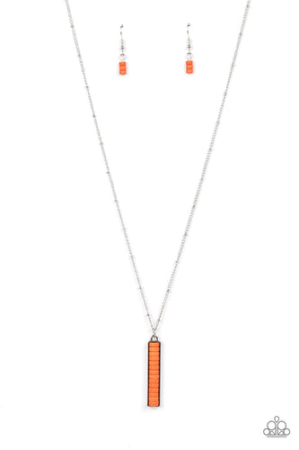 A refreshing collection of dainty orange stone discs stack inside a rectangular silver frame, creating a rustic pendant as it sways at the end of a lengthened dainty silver satellite chain. Features an adjustable clasp closure.