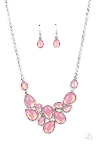 A cascade of glassy opalescent pink teardrops are encased in studded silver frames, ultimately clustering below the collar to create an enchanting pop of color. Features an adjustable clasp closure.