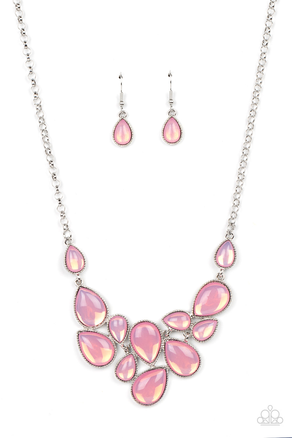 A cascade of glassy opalescent pink teardrops are encased in studded silver frames, ultimately clustering below the collar to create an enchanting pop of color. Features an adjustable clasp closure.