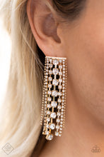 Load image into Gallery viewer, Set in square gold fittings, strands of sparkly white rhinestones stream out from the bottom of a gold bar. Flanked by strands of dainty gold ball chains, the sparkling fringe tapers into a glitzy finish. Earring attaches to a standard post fitting.  Sold as one pair of post earrings.  New Kit Fashion Fix
