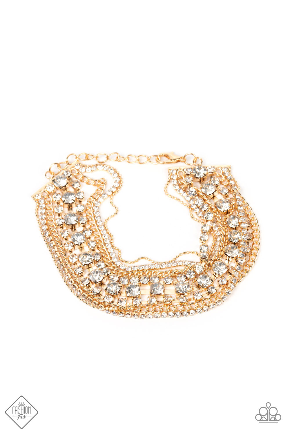 A mashup of gold chains and strands of sparkly white rhinestones stack into irresistibly glitzy layers as they wrap around the wrist. Features an adjustable clasp closure.  Sold as one individual bracelet.  New Kit Fashion Fix