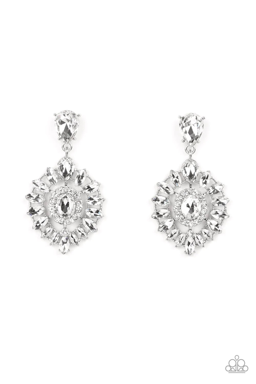 Bordered in dainty white rhinestones, an oval white gem is pressed into the center of an explosion of white marquise cut rhinestones. The icy frame swings from the bottom of a solitaire teardrop rhinestone, adding flirtatious movement to the jaw-dropping display. Earring attaches to a standard post fitting.  Sold as one pair of post earrings.
