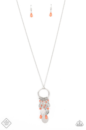 Separated by dainty silver rings, coral and Basil crystal-like beads stream from the bottom of a flat silver hoop. Gradually increasing in size, hammered silver teardrops add texture and shimmer to the design for a boisterous finish. Features an adjustable clasp closure.  Sold as one individual necklace. Includes one pair of matching earrings.  New Kit Fashion Fix