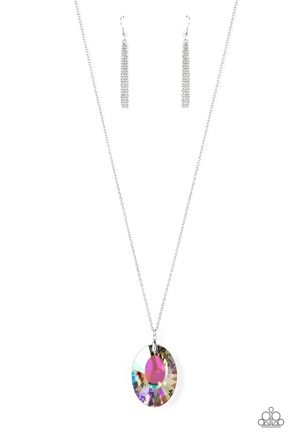 Featuring a reflective focal point and an exaggerated faceted surface, a dramatically oversized, iridescent gem sparkles at the bottom of a lengthened silver chain for an out-of-this-world kind of dazzle. Features an adjustable clasp closure. Due to its prismatic palette, color may vary. 