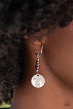 Load image into Gallery viewer, Hanging from a shiny silver hoop, a pair of faceted beads brushed in a reflective oil-spill coating stack together with tiny silver beads. The beads sparkle down to a shiny silver pendant stamped with minimalistic stars and a raised dot, completing the astral arrangement. Earring attaches to a standard post fitting. Hoop measures approximately 1/2&quot;&quot; in diameter. Due to its prismatic palette, color may vary.  Sold as one pair of hoop earrings.  New Kit Fashion Fix
