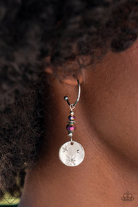 Hanging from a shiny silver hoop, a pair of faceted beads brushed in a reflective oil-spill coating stack together with tiny silver beads. The beads sparkle down to a shiny silver pendant stamped with minimalistic stars and a raised dot, completing the astral arrangement. Earring attaches to a standard post fitting. Hoop measures approximately 1/2"" in diameter. Due to its prismatic palette, color may vary.  Sold as one pair of hoop earrings.  New Kit Fashion Fix