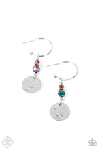 Load image into Gallery viewer, Hanging from a shiny silver hoop, a pair of faceted beads brushed in a reflective oil-spill coating stack together with tiny silver beads. The beads sparkle down to a shiny silver pendant stamped with minimalistic stars and a raised dot, completing the astral arrangement. Earring attaches to a standard post fitting. Hoop measures approximately 1/2&quot;&quot; in diameter. Due to its prismatic palette, color may vary.  Sold as one pair of hoop earrings.  New Kit Fashion Fix
